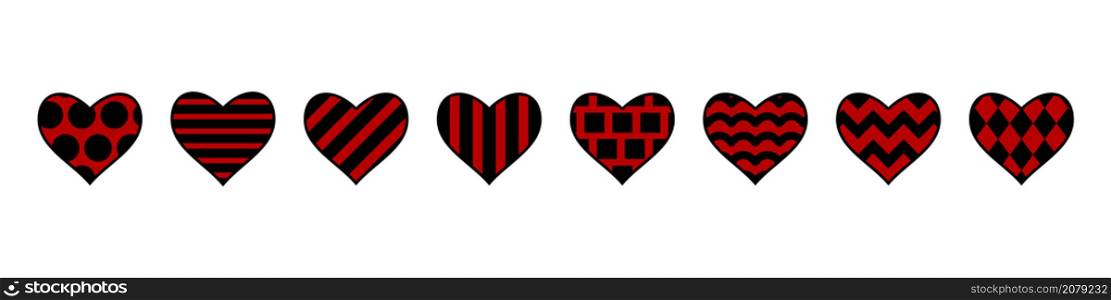 Set of red hearts for Valentine&rsquo;s Day, hearts icon with stylish geometric patterns.