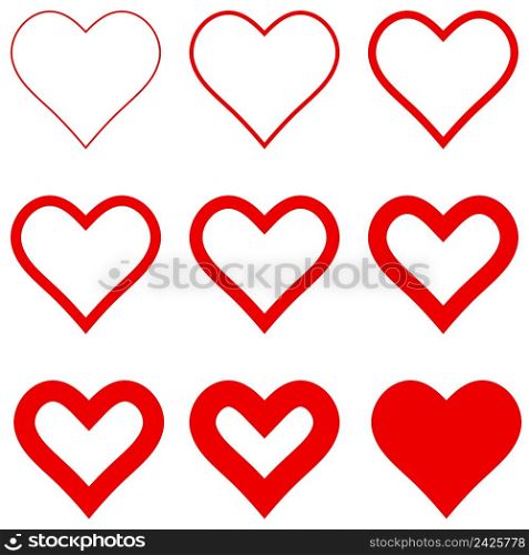set of red hearts with different stroke thickness, vector icon logo thin and thick hearts sign love symbol for Valentines day