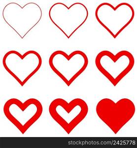set of red hearts with different stroke thickness, vector icon logo thin and thick hearts sign love symbol for Valentines day