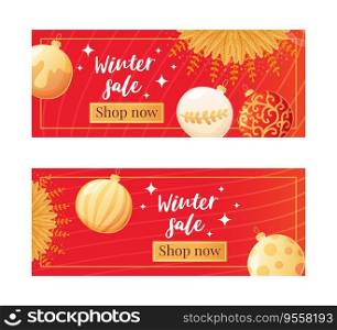 Set of red luxury christmas banners with gold balls and sparkles in realistic cartoon style Premium Vector.. Set of red luxury christmas banners with gold balls and sparkles in realistic cartoon style Premium Vector