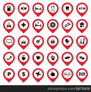 Set of red map pointers on the white background. Location Icons. Vector illustration