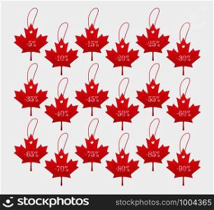 Set of red maple discount price tags with hangers. Canada day sale concept. Isolated retail label vector illustration.. Set of red maple discount price tags with hangers.
