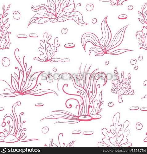 Set of red outline seaweeds and marine plants. Seamless pattern of algae, leaves, coral. Vintage style drawn marine flora. White background vector illustration.Design for summer beach, decorations.