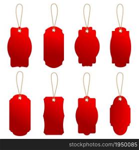 Set of red price or luggage tags of vintage shapes with rope. Set of red price or luggage tags of vintage shapes with rope.
