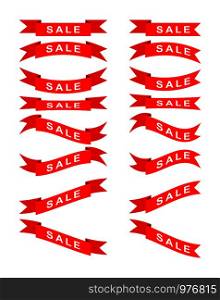 Set of red ribbons of different shapes with the inscription SALE. Simple design.