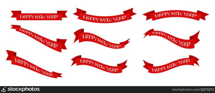 set of red ribbons with the inscription Happy New Year! Simple style.