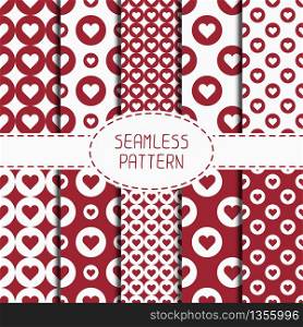 Set of red romantic geometric seamless pattern with hearts. Collection of wrapping paper. Scrapbook paper. Tiling. Vector illustration. Background. Graphic texture. Valentines day.. Set of red romantic geometric seamless pattern with hearts. Collection of wrapping paper. Scrapbook paper. Tiling. Vector illustration. Background. Graphic texture for design. Valentines day.