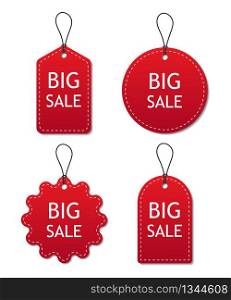 Set of red sale tags and labels isolated on white background. Banner of discount and price tags is marketing. Shopping coupon, sticker, bookmark, ribbon, invitation with stitches. Trendy store. Vector. Set of red sale tags and labels isolated on white background. Banner of discount or price tags is marketing. Shopping coupon, sticker, bookmark, ribbon, invitation with stitches. Trendy store. Vector