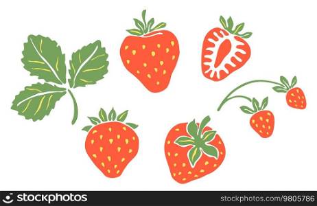 Set of red strawberries. Decorative stylized berries and leaves.. Set of red strawberries. Decorative berries and leaves.