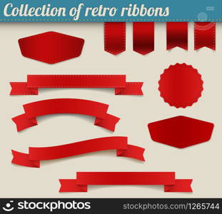 Set of red vector retro ribbons, labels, stickers, tabs and tags