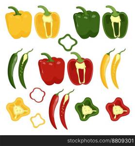 Set of red, yellow and green peppers isolated on white background. Flat vector illustration.. Set of red, yellow and green peppers isolated on white background. Flat vector illustration