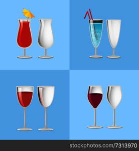 Set of refreshing cocktails and empty transparent glasses, vodka with grapefruit, blue lagoon, red and burgundy wine vector illustration drinks set. Set Refreshing Cocktails Empty Transparent Glasses