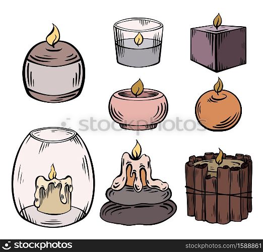 Set of relax candles. Colorful sketch with hatching. Various wax candles with decoration. Vector engraving spa, relaxation elements for card, invitation, banner, recipe. Set of relax candles. Colorful sketch with hatching. Various wax candles with decoration. Vector engraving spa, relaxation elements