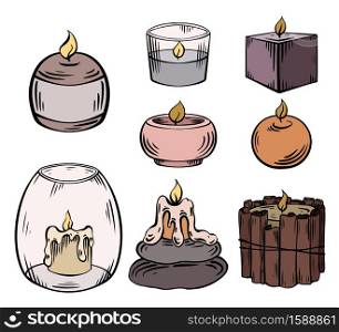 Set of relax candles. Colorful sketch with hatching. Various wax candles with decoration. Vector engraving spa, relaxation elements for card, invitation, banner, recipe. Set of relax candles. Colorful sketch with hatching. Various wax candles with decoration. Vector engraving spa, relaxation elements
