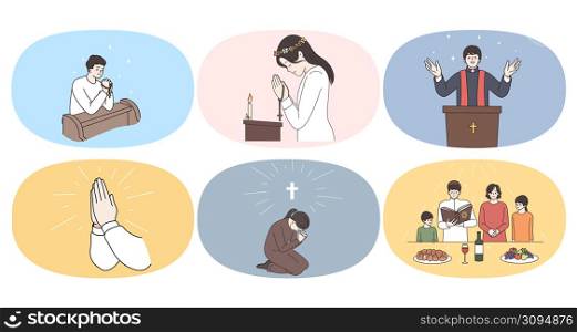 Set of religious people pray to God feel superstitious believe in high powers. Collection of men and women prayers or believers show faith. Religion and superstition concept. Vector illustration.. Set of religious people pray to God