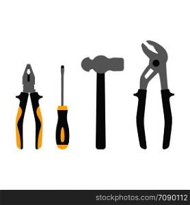 Set of repair instruments icon. Pliers, screwdriver, hammer, water cimping pliers. Repair symbol. Vector illustration isolated on white background.