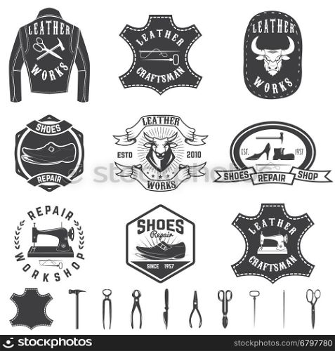Set of repair workshop labels and design elements. Leather works, shoe repair, apparel workshop. Design element for logo, label, emblem, sign, brand mark. Vector illustration.