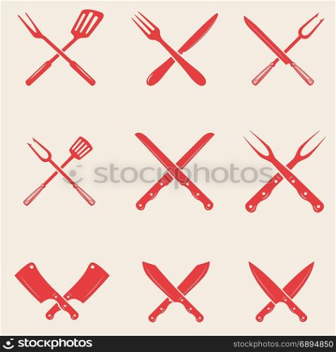 Set of restaurant knives icons. Crossed fork, kitchen spatula, butcher&rsquo;s ax. Design elements for logo, label, emblem, sign, poster, t shirt. Vector illustration