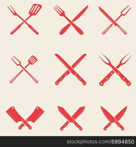 Set of restaurant knives icons. Crossed fork, kitchen spatula, butcher&rsquo;s ax. Design elements for logo, label, emblem, sign, poster, t shirt. Vector illustration