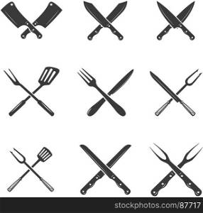 Set of restaurant knives icons. Silhouette - Cleaver and Chef Knives. Logo template for meat business - farmer shop, market or design - label, banner, sticker.