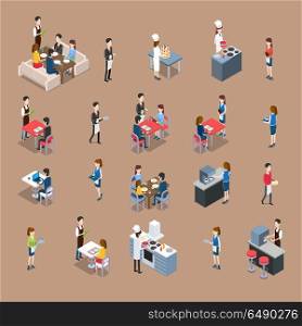 Set of restaurant personnel, customers icons. Vector in isometric projection. Waiter at the table, visitors eating and ordering dinner, chef cooks in kitchen, barman making coffee. For ad, app, game. Set of Restaurant Icons in Isometric Projection . Set of Restaurant Icons in Isometric Projection