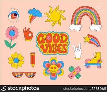 Set of Retro 70s groovy elements, cute funky hippy stickers and lettering motivational slogan of Good vibes. Vector hand drdawn psychedelic clipart. Isolated cartoon positive symbols 