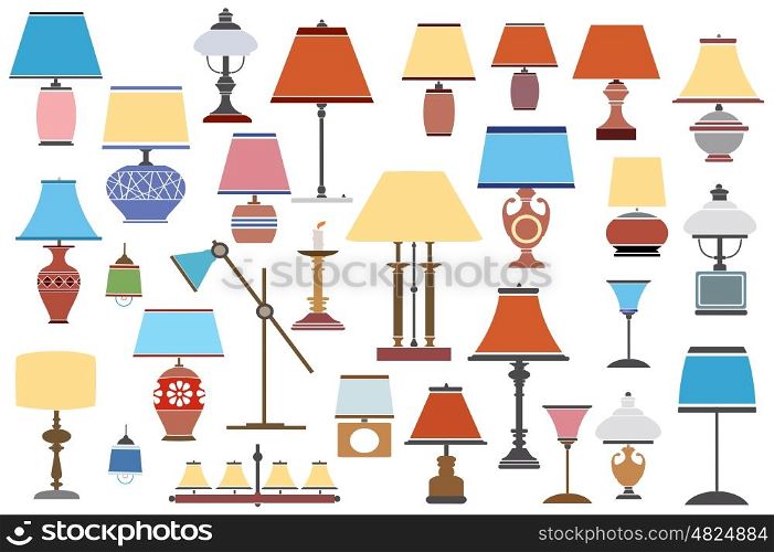 Set of retro antique object, lamp shades and floor lamps in a flat style