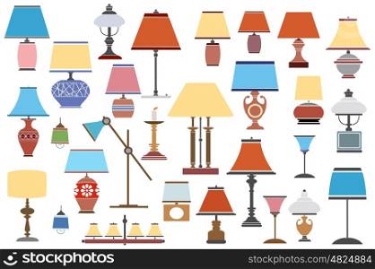 Set of retro antique object, lamp shades and floor lamps in a flat style
