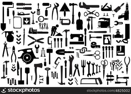 Set of retro building tools and accessories household goods. Set retro building tools