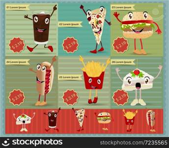 Set of Retro fast food menu funny cartoon character. Vector retro style template Design