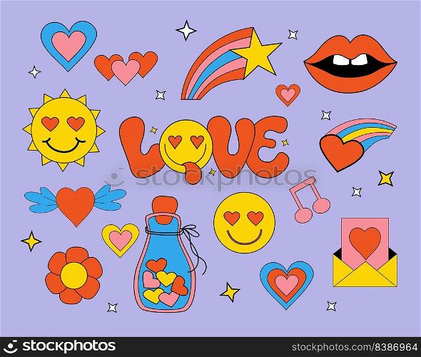 Set of retro groovy elements, cute funky hippy, love stickers. Cute lettering Love in groovy style. Positive Retro Hand written with in playful face. Vector clipart 60s, 70s, 80s, 90s vibes elements