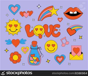 Set of retro groovy elements, cute funky hippy, love stickers. Cute lettering Love in groovy style. Positive Retro Hand written with in playful face. Vector clipart 60s, 70s, 80s, 90s vibes elements