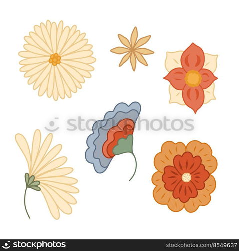 Set of retro groovy flowers and stems. Vector hippie contour clipart with different flowers and leaves isolated from background. Floral old fashioned image for stickers and scrapbooking. Set of retro groovy flowers and stems. Vector hippie contour clipart with different flowers and leaves isolated from background.