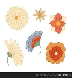 Set of retro groovy flowers and stems. Vector hippie contour clipart with different flowers and leaves isolated from background. Floral old fashioned image for stickers and scrapbooking. Set of retro groovy flowers and stems. Vector hippie contour clipart with different flowers and leaves isolated from background.