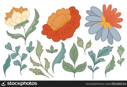 Set of retro groovy flowers, stems and foliage. Vector hippie clipart with different flowers and leaves isolated from background. Floral retro image for stickers and scrapbooking. Set of retro groovy flowers, stems and foliage. Vector hippie clipart with different flowers and leaves isolated from background.