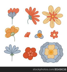 Set of retro groovy flowers. Vector hippie clipart with different flowers isolated from background. Floral retro image for stickers and scrapbooking. Set of retro groovy flowers. Vector hippie clipart with different flowers isolated from background. Floral retro image