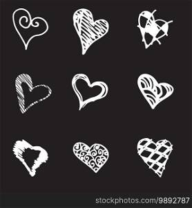 Set of retro hand-drawn icon for valentines and wedding day. White on black background Vector illustrations. Set of retro hand-drawn icon for valentines and wedding day