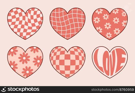 Set of retro hippie romantic heart stickers. Groovy design elements for Valentine s day.