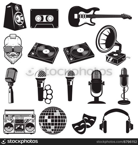 Set of retro party elements. Music instruments isolated on white background. Microphones icons. Design elements for logo, label, emblem, sign, brand mark. Vector illustration.
