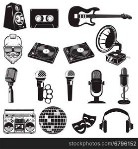 Set of retro party elements. Music instruments isolated on white background. Microphones icons. Design elements for logo, label, emblem, sign, brand mark. Vector illustration.