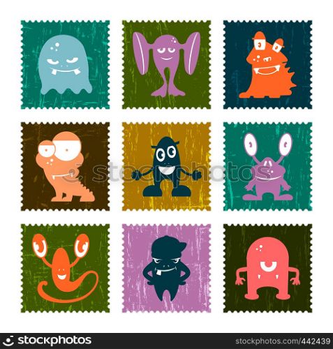 Set of retro postage stamp with funny monsters. Vector set illustration. Set of retro postage stamp funny monsters. Vector set.