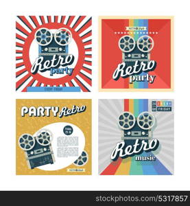 Set of retro posters, flyers. Retro party. Vector image of a vintage reel to reel tape recorder.