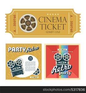 Set of retro posters with the image reel to reel tape with space for text. Design vintage cinema tickets. Vector illustration.