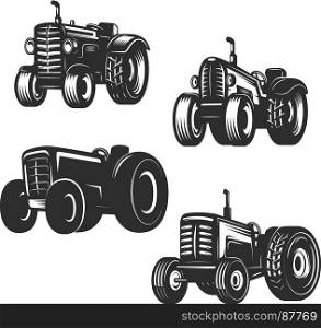 Set of retro tractor icons. Design elements for logo, label, emblem, sign. Vector illustration