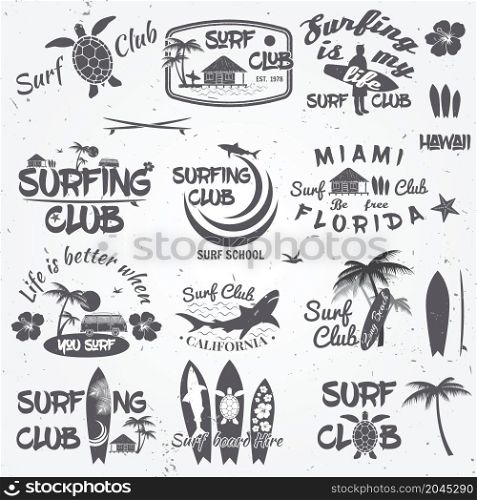 Set of retro vintage badges and labels. For web design, mobile and application interface, also useful for infographics. Surf club and surf school design. Vector illustration.. Set of retro vintage badges and labels.