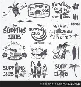 Set of retro vintage badges and labels. For web design, mobile and application interface, also useful for infographics. Surf club and surf school design. Vector illustration.. Set of retro vintage badges and labels.