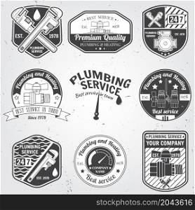 Set of retro vintage badges and labels. Plumbing and heating service. Emergency service logo. Vector illustration. Elements on the theme of the plumbing service business.. Plumbing and heating service.