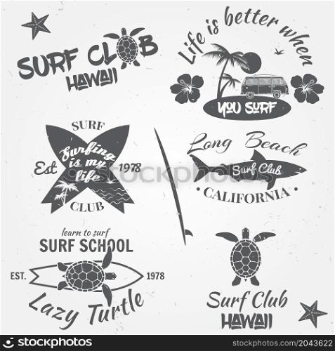 Set of retro vintage badges and labels. Vintage surf club elements. Vector retro surf club labels, badges and design elements. Vector illustration.