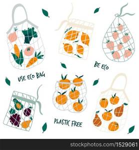 Set of reusable mesh bags with organic vegetables. No plastic concept. Vector illustration, design.. Set of reusable mesh bags with organic vegetables. No plastic concept