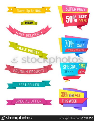 Set of ribbons and promo banners with sale and discounts offers from shops and stores. Shopping with reduced prices and low costs. Collection of isolated stripes with proposal, vector in flat style. Discounts and Coupons, Promo Banners Sale Set
